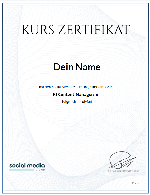 Zertifikat KI Content-Manager:in – Nachweis für den erfolgreichen Abschluss des KI Content-Code Onlinekurses